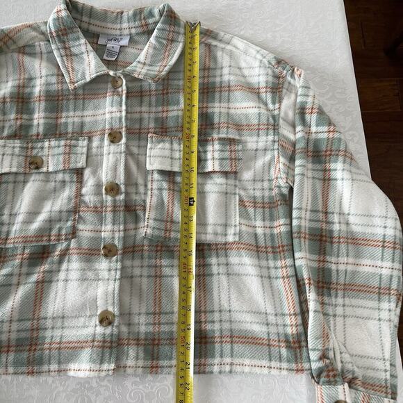 Just Polly Fleece Shirt Women's Cropped XL Plaid Button Up Long Sleeve - Picture 4 of 7